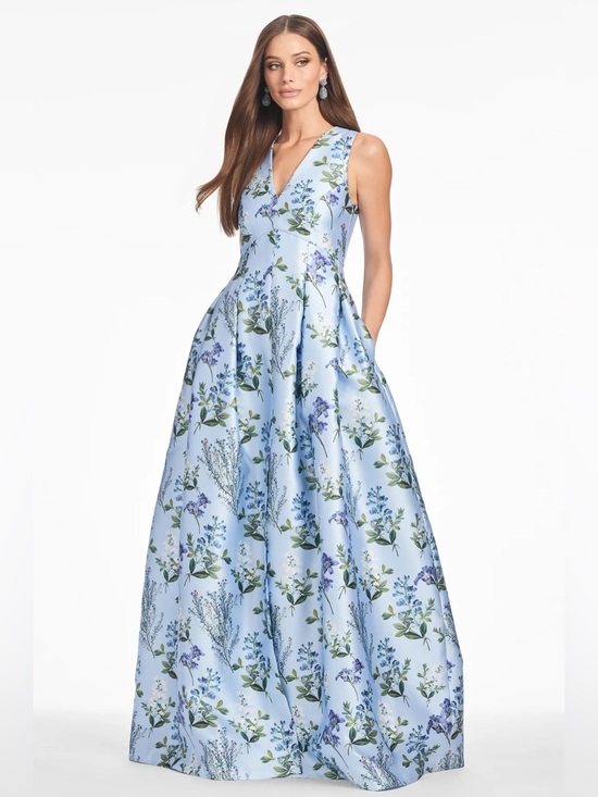Sachin + Babi Dresses & Skirts - Sachin and Babi Brooke v neck mikado gown in Freesia Forest blue floral print
